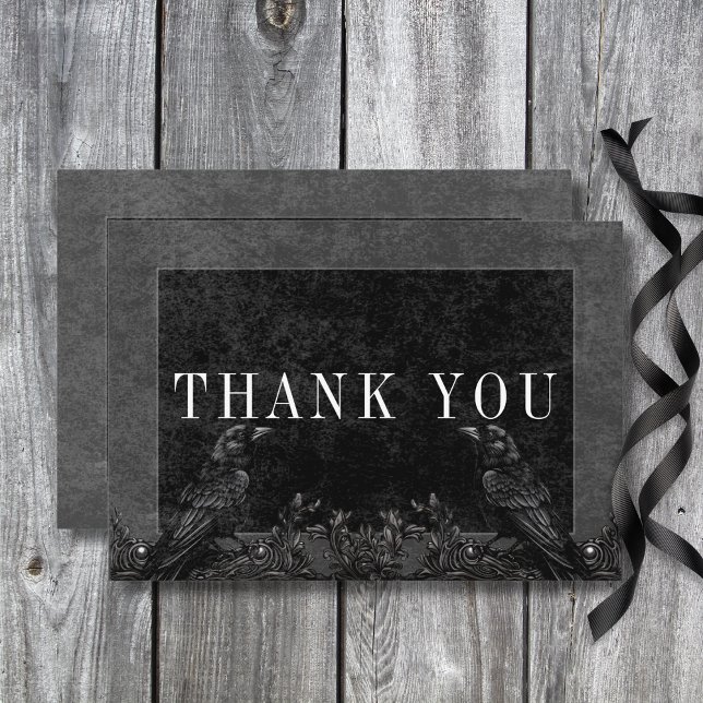 Gothic Black Raven & Black Roses Wedding Thank You Card (Gothic Black Raven & Black Roses Wedding Details Thank You Card)