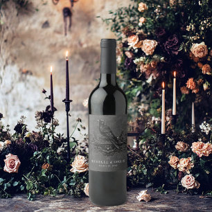 Gothic Black Raven & Black Roses Wedding Wine Label