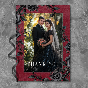 Gothic Black Raven Black Roses Wine Photo Wedding Thank You Card