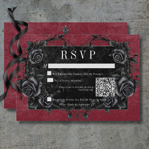 Gothic Black Raven & Black Roses Wine QR Code RSVP Card