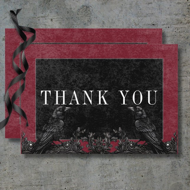 Gothic Black Raven & Black Roses Wine Thank You Card (Gothic Black Raven & Black Roses Wine Details Thank You Card)