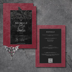 Gothic Black Raven & Black Roses Wine Two Sided Invitation