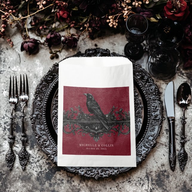 Gothic Black Raven & Black Roses Wine Wedding Favour Bags (Gothic Black Raven & Black Roses Wine Wedding Favor Bag)