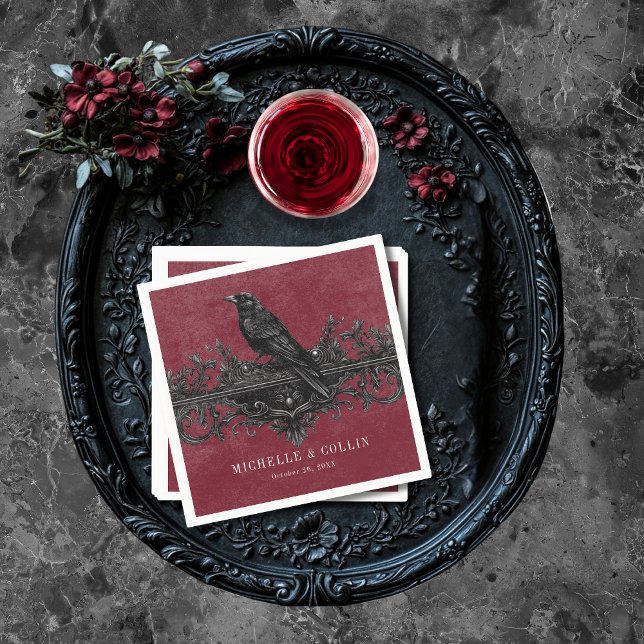 Gothic Black Raven & Black Roses Wine Wedding Napkin (Gothic Black Raven & Black Roses Wine Wedding Napkins)