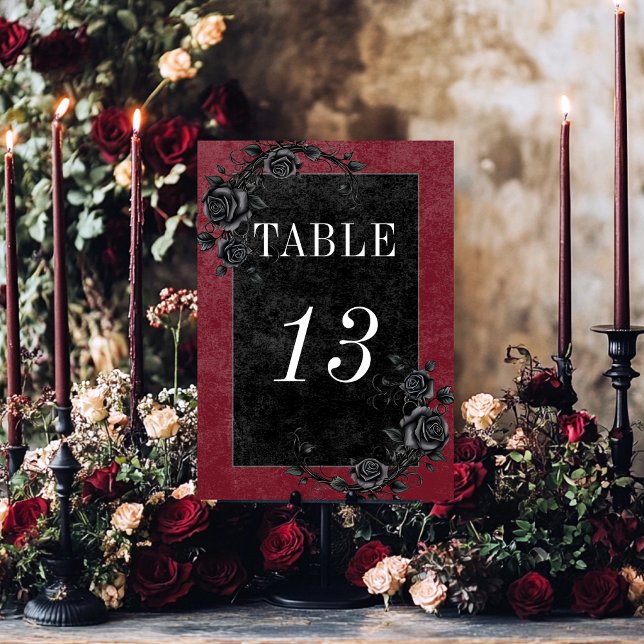 Gothic Black Raven & Black Roses Wine Wedding Table Number (Creator Uploaded)