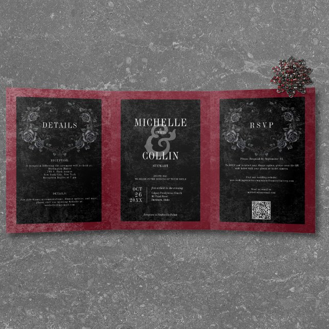 Gothic Black Raven & Black Roses Wine Wedding Tri-Fold Invitation (Gothic Black Raven & Black Roses Wine Wedding Tri-Fold Invitation)