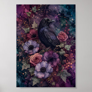 Gothic Black Raven Celestial Art Moody Floral Crow Poster