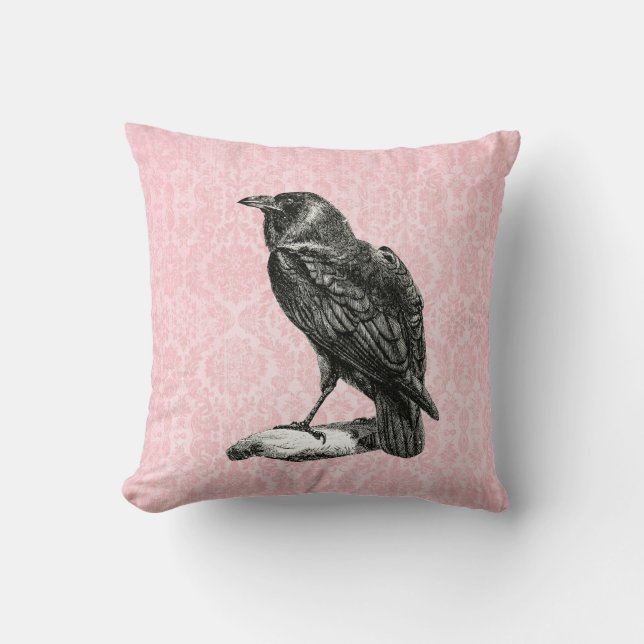 Gothic Black Raven | Pink Damask Cushion (Front)