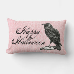 Gothic Black Raven   Pink Damask Lumbar Cushion