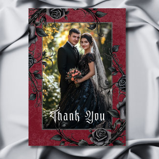 Gothic Black Raven & Roses Burgundy Photo Wedding Thank You Card