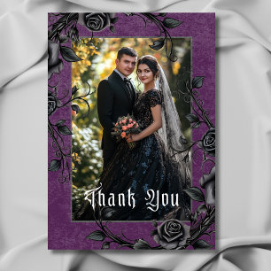 Gothic Black Raven & Roses Purple Photo Wedding Thank You Card