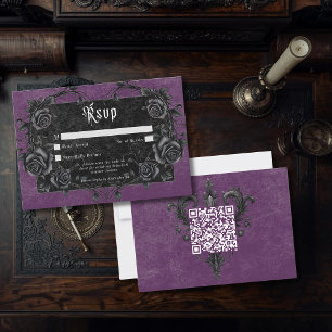 Gothic Black Raven & Roses Purple QR Code RSVP Card