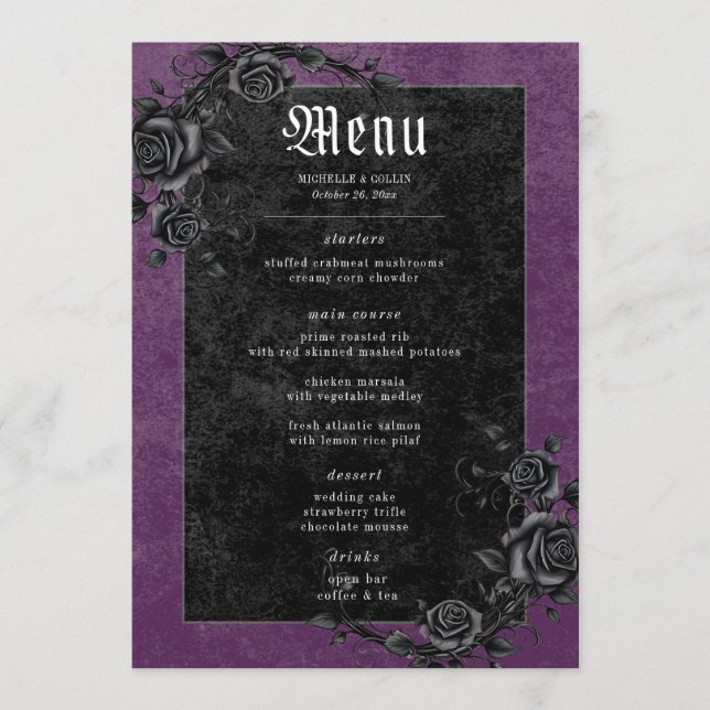 Gothic Black Raven & Roses Purple Wedding Menu (Front)