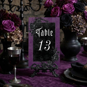 Gothic Black Raven & Roses Purple Wedding Table Number