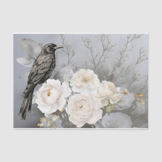 Gothic Black Raven White Flowers  Tissue Paper (Front)