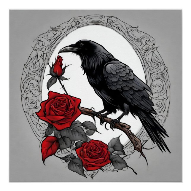 Gothic Black Raven with Red Roses  Poster (Front)