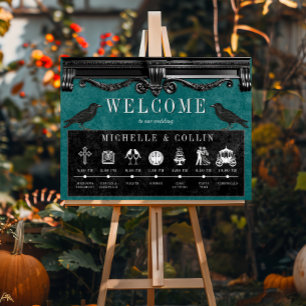 Gothic Black Ravens & Teal Order of Events Wedding Poster