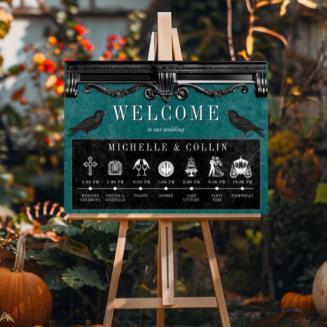 Gothic Black Ravens & Teal Order of Events Wedding Poster (Creator Uploaded)