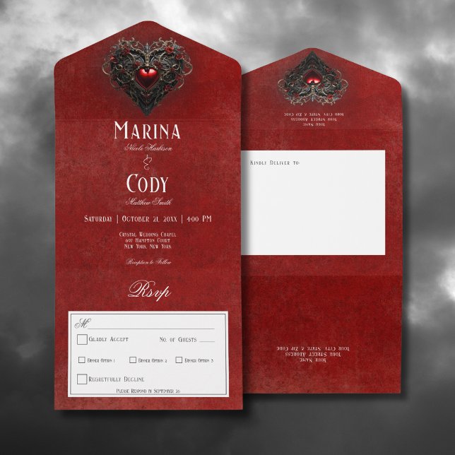 Gothic Black & Red Filigree Heart Red Dinner All In One Invitation (Gothic Black & Red Filigree Heart Red All In One Wedding Invitation with Dinner Options)