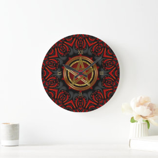 Gothic Black Red Gold Pentagram Symbol Large Clock