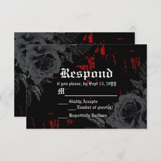 Gothic Black Red Grunge Textured | Black Roses RSVP Card (Front/Back)