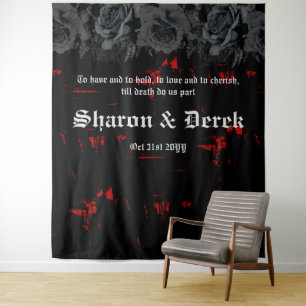 Gothic Black Red Grunge Textured   Black Roses Tapestry