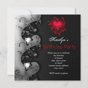 Gothic Black Red Heart Birthday Party Invitation