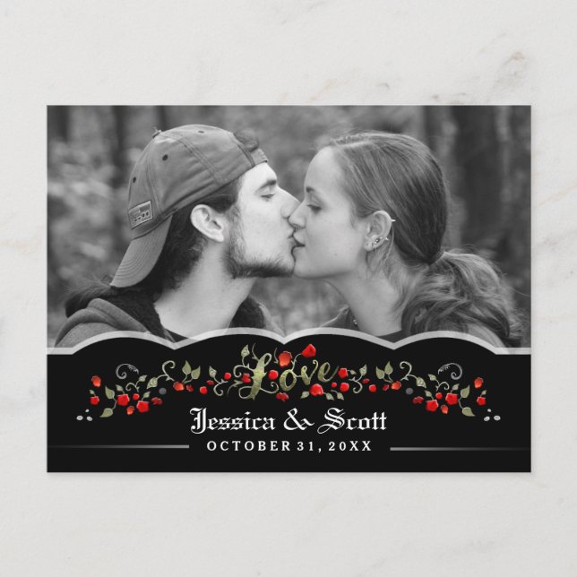 Gothic Black & Red Roses LOVE Photo Save Date Announcement Postcard (Front)