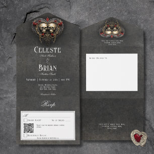 Gothic Black & Red Skulls & Heart Black QR Code All In One Invitation