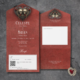 Gothic Black & Red Skulls & Heart Red QR Code All In One Invitation