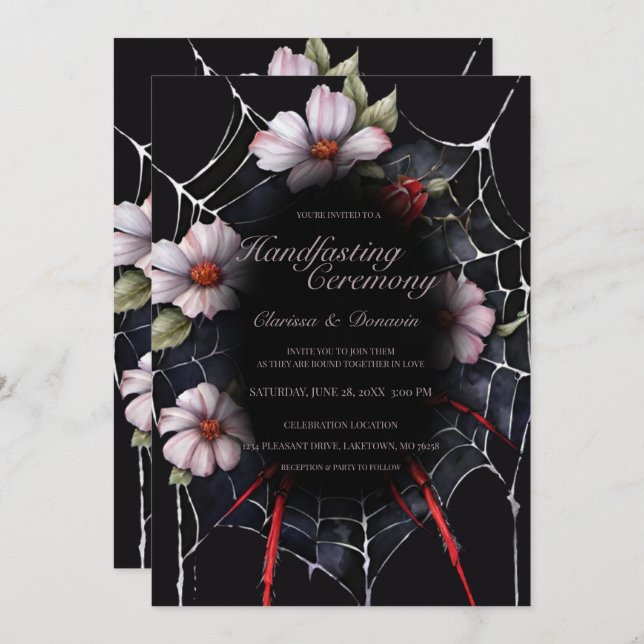 Gothic Black & Red Spider Floral Web Handfasting Invitation (Front/Back)