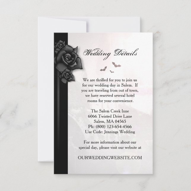 Gothic Black Rose Bats Matching Wedding Details Invitation (Front)