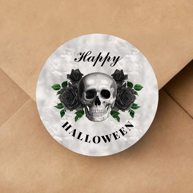 Gothic Black Roses And Skull Halloween Classic Round Sticker (Gothic Black Roses And Skull Halloween Classic Round Sticker)