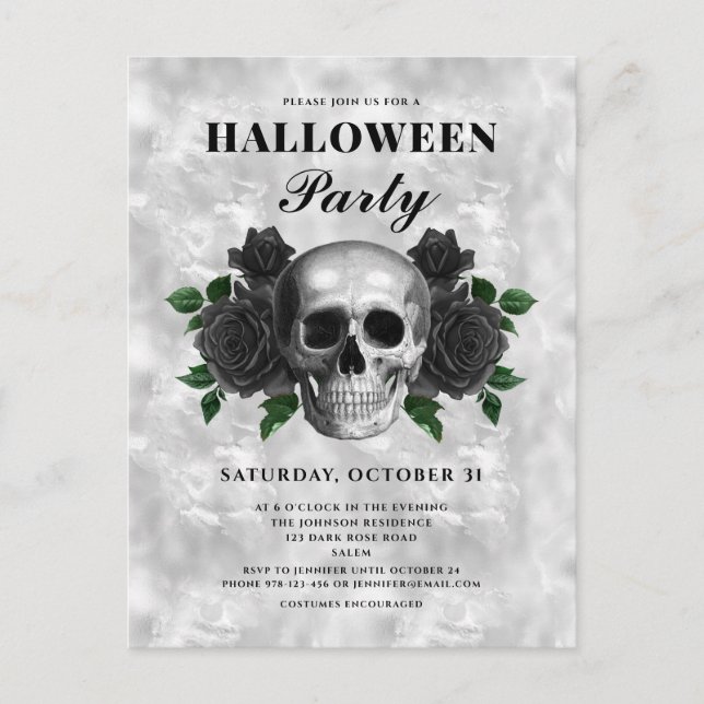 Gothic Black Roses And Skull Halloween Party Postcard (Front)