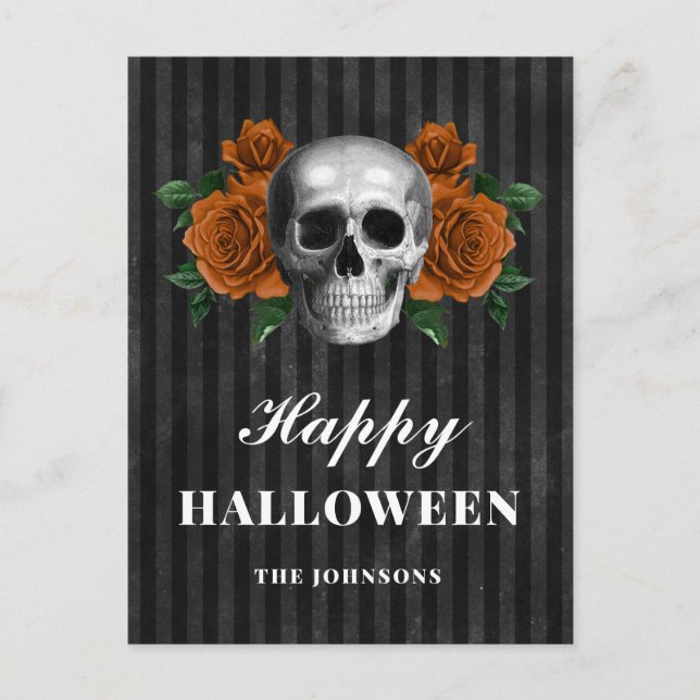 Gothic Black Roses And Skull Happy Halloween Postcard (Front)