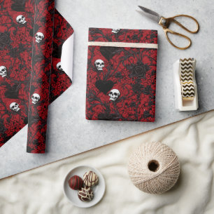 Gothic Black Roses and Skulls Wrapping Paper