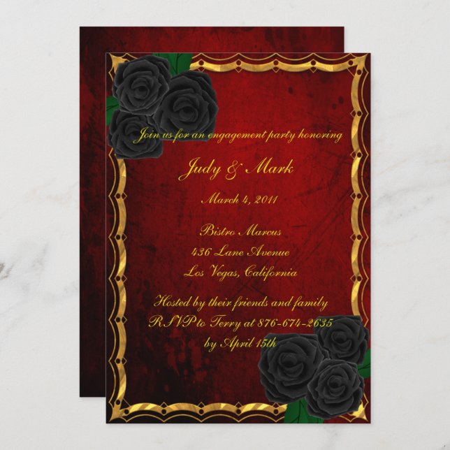 Gothic Black Roses Blood Red Engagement Party Invitation (Front/Back)