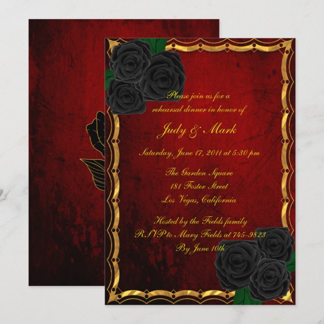 Gothic Black Roses Blood Red Rehearsal Dinner Invitation (Front/Back)