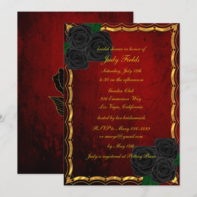 Gothic Black Roses Blood Red Wedding Bridal Shower Invitation (Front/Back)