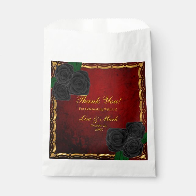 Gothic Black Roses Blood Red Wedding Favour Bags (Front)