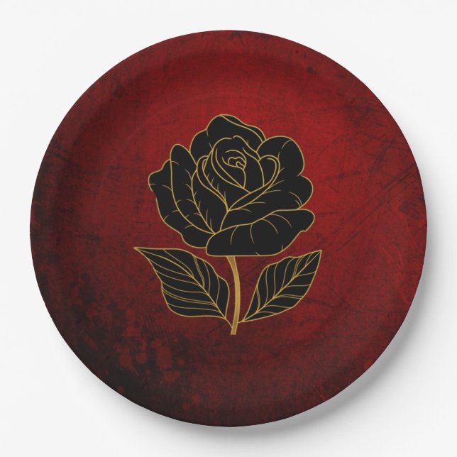 Gothic Black Roses Blood Red Wedding  Paper Plate (Front)