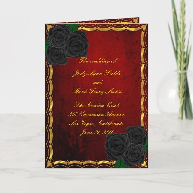 Gothic Black Roses Blood Red Wedding Program Card (Front)