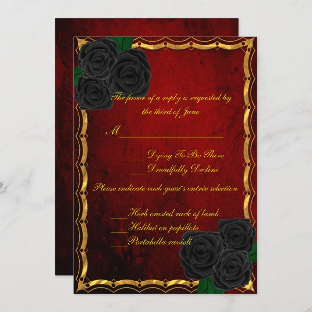 Gothic Black Roses Blood Red Wedding Response Invitation (Front/Back)