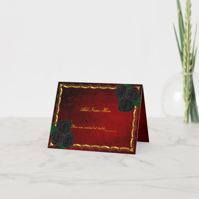 Gothic Black Roses Blood Red Wedding Table Place  Card (Front)