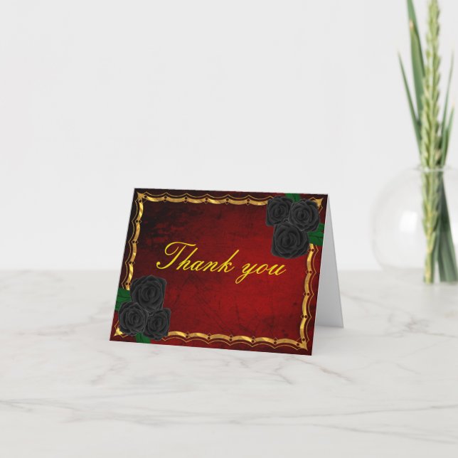 Gothic Black Roses Blood Red Wedding Thank You Card (Front)
