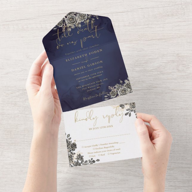 Gothic Black Roses Floral Gold Script Wedding All In One Invitation (Tearaway)