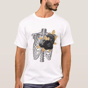 Gothic Black Roses gold leaves skeleton torso T-Shirt