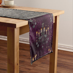 GOTHIC BLACK ROSES & PLUM WITH BLACK CHANDELLIER LONG TABLE RUNNER
