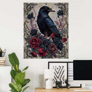 Gothic Black Roses Raven Art Poster