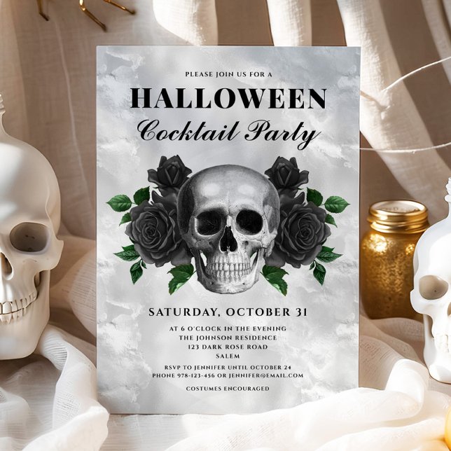 Gothic Black Roses Skull Halloween Cocktail Party Invitation (Gothic Black Roses Skull Halloween Cocktail Party Invitation)